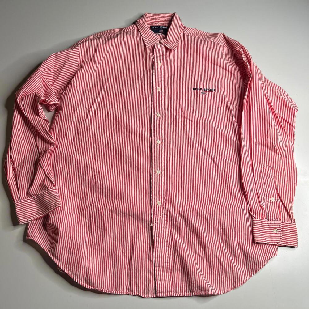 Polo‎ Sport Ralph Lauren Striped Button Down Shirt Red White 100% Cotton Size L